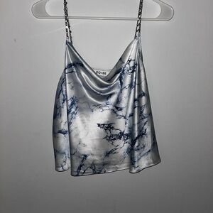 DO+BE Silver Satin Cowl Neck Camisole with Blue Marble Print